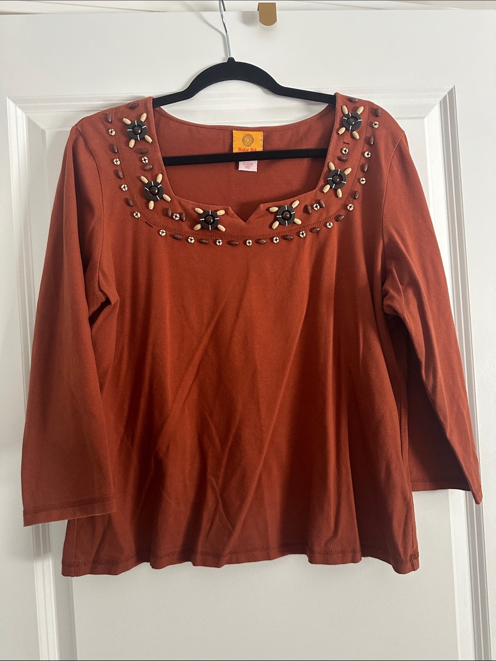 Ruby Rd. Rust Scoop Neck 3/4 Sleeve Top with Beaded Accents